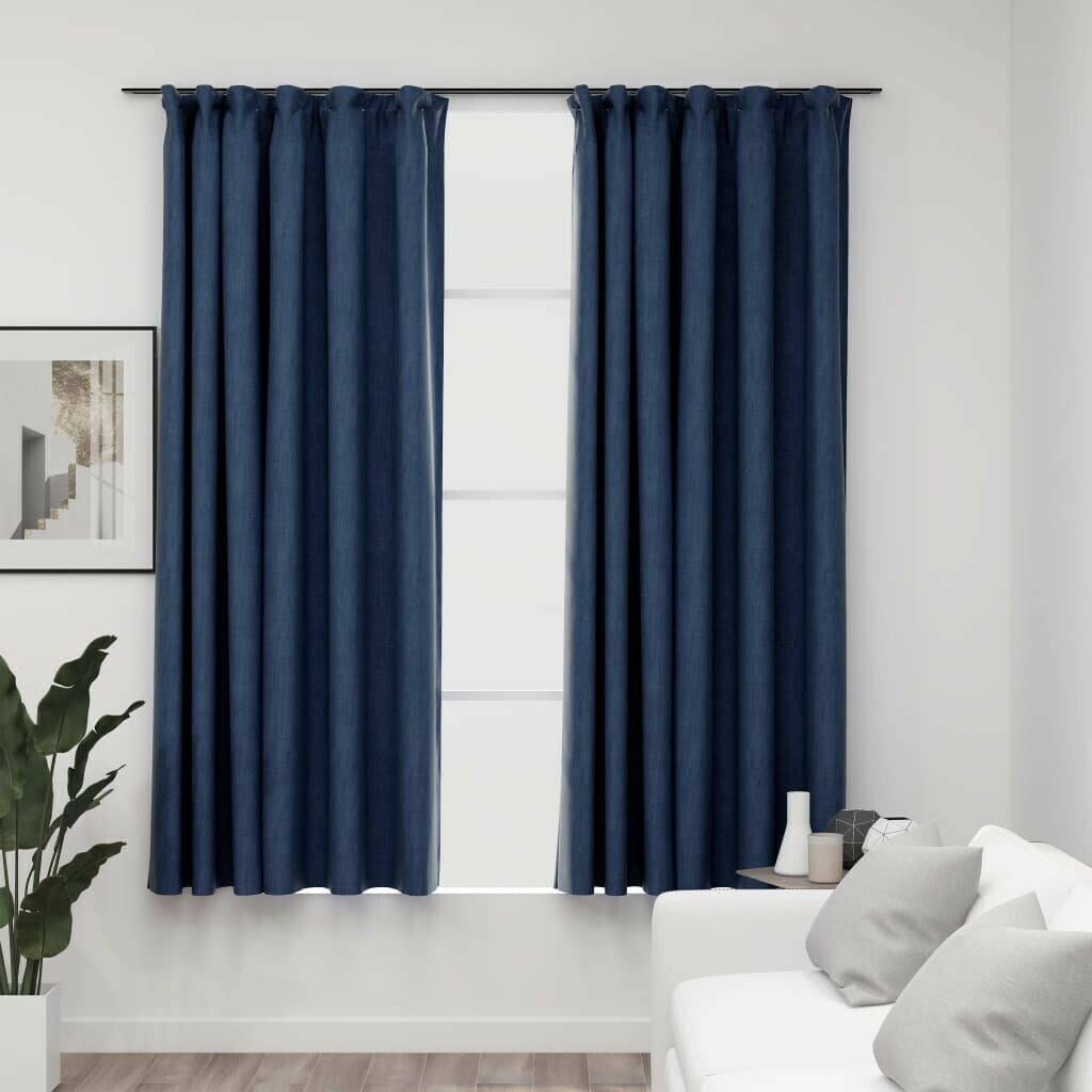 vidaXL Blackout curtains hooks linen look 2 pieces blue 140x175 cm (321180) Tende per interni